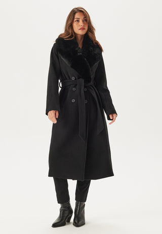 Fur Collar Belted Wool Blend Coat