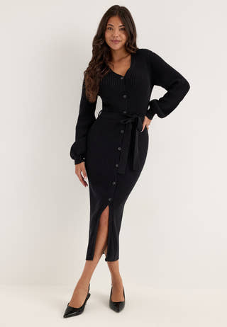 Rib Knitted Cardigan Dress Black