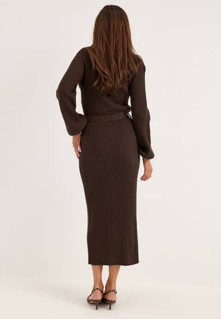 Rib Knitted Cardigan Dress Brown
