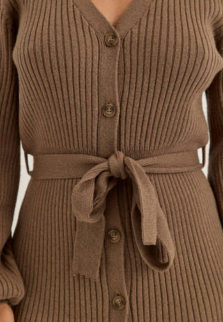 Rib Knitted Cardigan Dress Brown