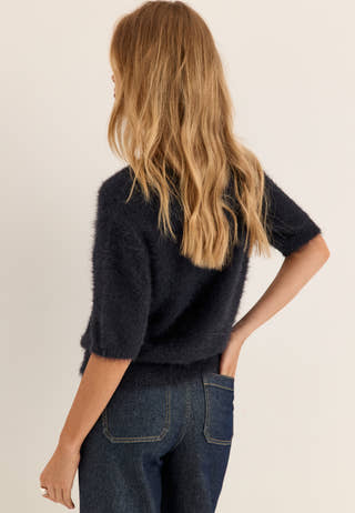 Short Sleeve Fluffy Knitted Cardigan Blue