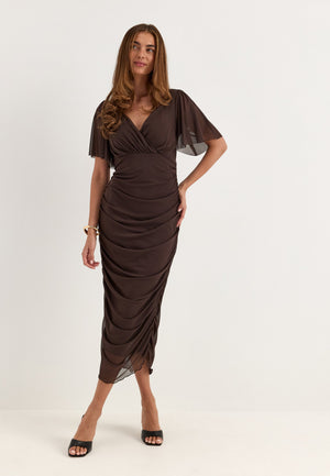 Butterfly Sleeve Mesh Ankle Dress Brown