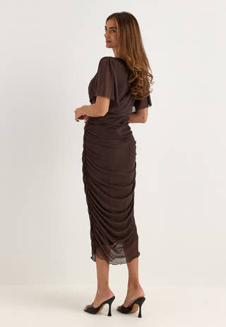 Butterfly Sleeve Mesh Ankle Dress Brown