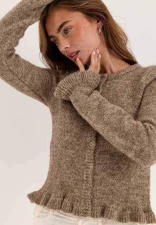 Knitted Frill Cardigan Beige
