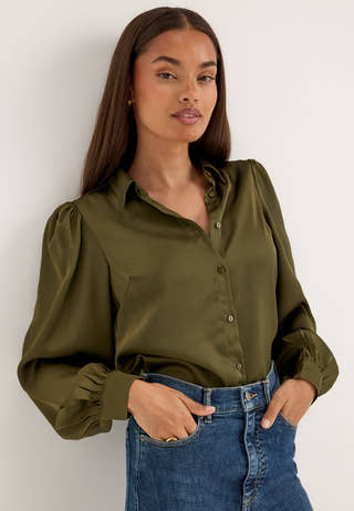 Puff Sleeve Satin Shirt Green