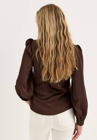 Puff Sleeve Satin Shirt Brown