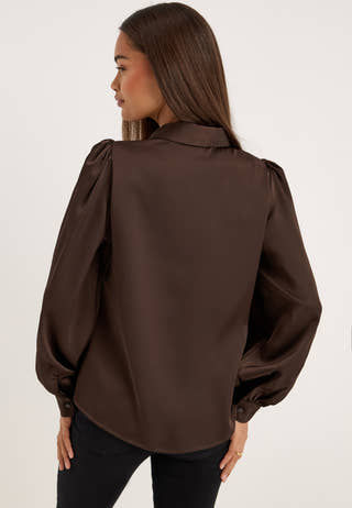 Puff Sleeve Satin Shirt Brown
