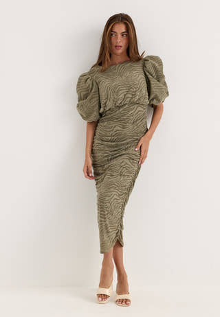 Ruched Puff Sleeve Dress Green