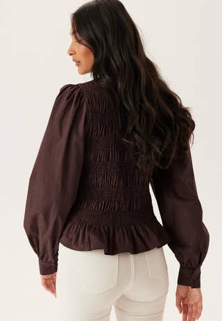 V-neck Cotton Smock Blouse Brown