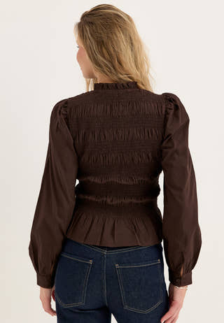 V-neck Cotton Smock Blouse Brown