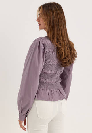 V-neck Cotton Smock Blouse Purple