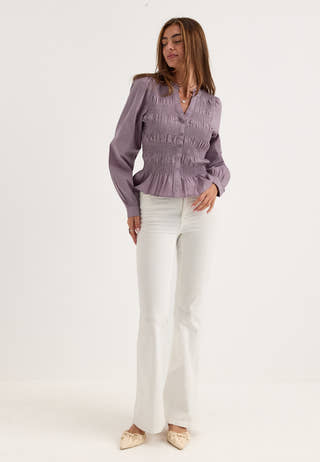 V-neck Cotton Smock Blouse Purple