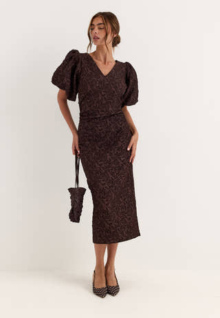 Puff Sleeve Jacquard Midi Dress Brown
