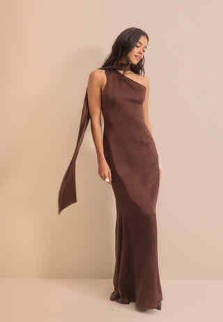 One Shoulder Scarf Satin Gown
