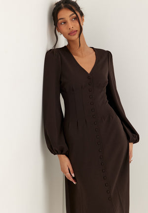 Midi Button Volume Sleeve Dress Brown
