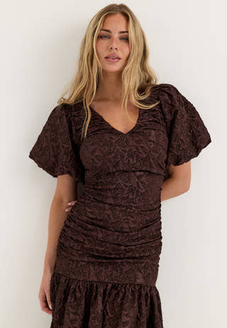 Puff Sleeve V-neck Jaqcuard Gown Brown