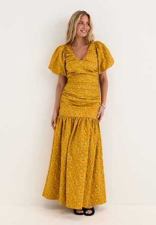 Puff Sleeve V-neck Jaqcuard Gown Yellow