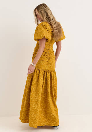 Puff Sleeve V-neck Jaqcuard Gown Yellow