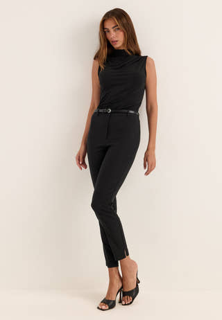 High Waist Stretchy Ankle Slit Trousers Black