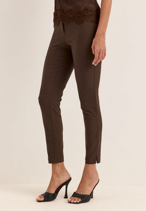 High Waist Stretchy Ankle Slit Trousers Brown