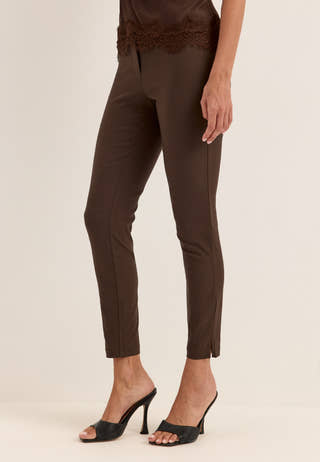 High Waist Stretchy Ankle Slit Trousers Brown