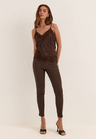High Waist Stretchy Ankle Slit Trousers Brown
