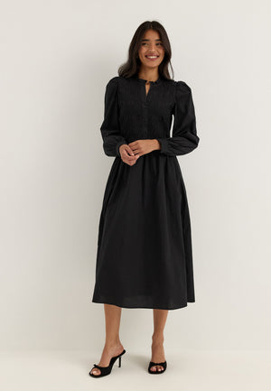 V-neck Cotton Smock Dress Black