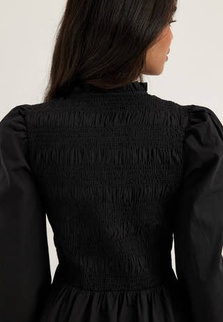 V-neck Cotton Smock Dress Black