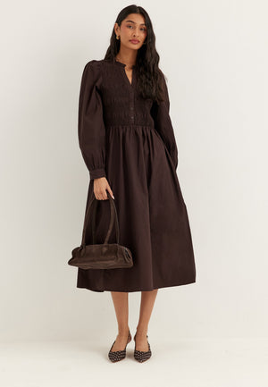 V-neck Cotton Smock Dress Brown