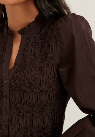 V-neck Cotton Smock Dress Brown