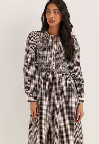 V-neck Cotton Smock Dress Patterned