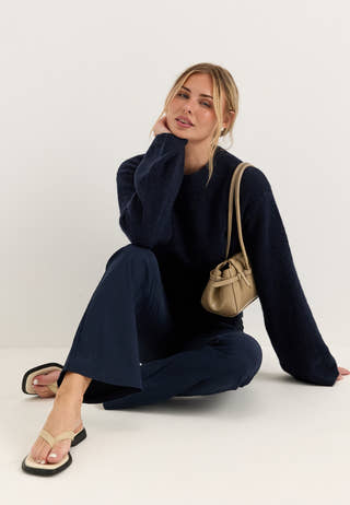 Mid Waist Stretchy Flared Trousers Blue