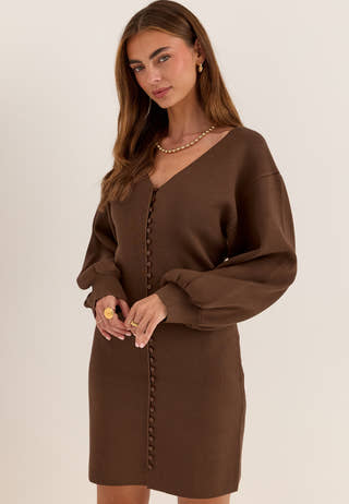 Knitted Mini Cardigan Dress Brown