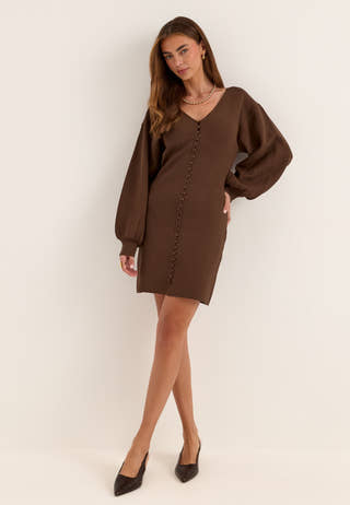 Knitted Mini Cardigan Dress Brown