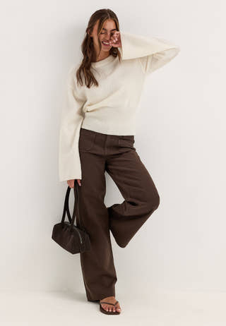 Knitted Wool Blend Wide Sleeve Sweater White