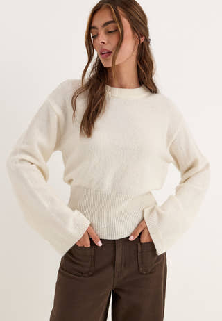 Knitted Wool Blend Wide Sleeve Sweater White