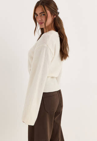 Knitted Wool Blend Wide Sleeve Sweater White