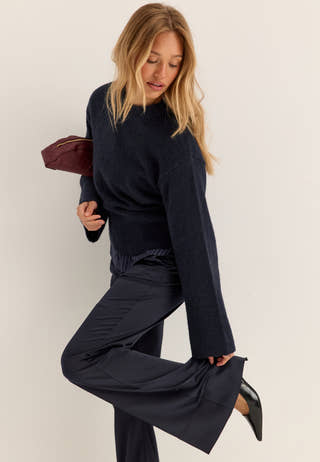 Knitted Wool Blend Wide Sleeve Sweater Blue