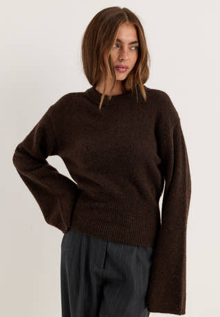 Knitted Wool Blend Wide Sleeve Sweater Brown