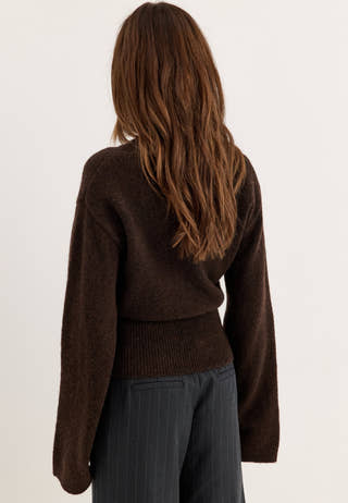 Knitted Wool Blend Wide Sleeve Sweater Brown