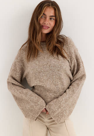 Knitted Wool Blend Wide Sleeve Sweater Beige