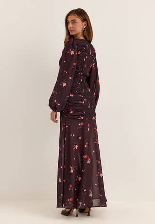 Balloon Sleeve Chiffon Maxi Dress Patterned