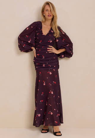 Balloon Sleeve Chiffon Maxi Dress