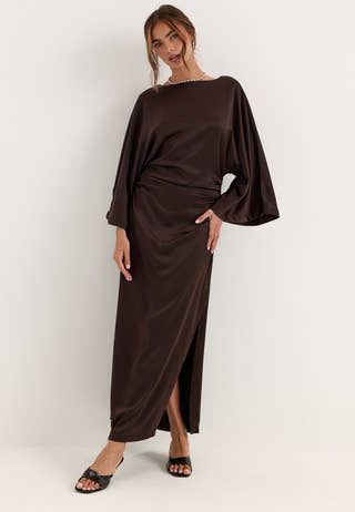 Kimono Sleeve Satin Maxi Dress Brown