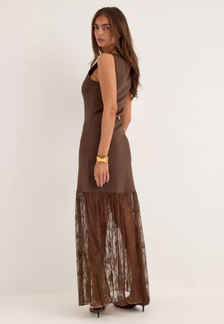 Combined Lace Maxi Dress Brown