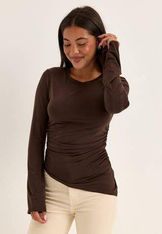 Asymmetric Long Sleeve Top Brown