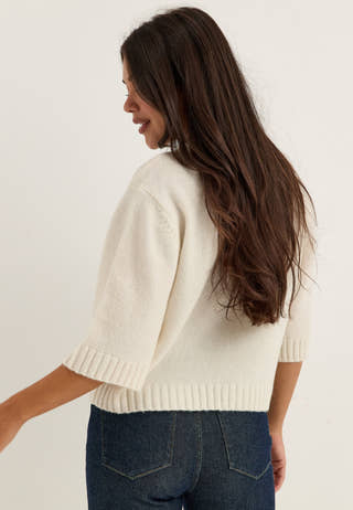 Knitted Wool Blend Short Sleeve Sweater White