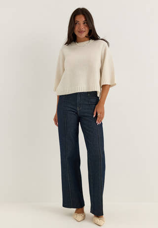 Knitted Wool Blend Short Sleeve Sweater White