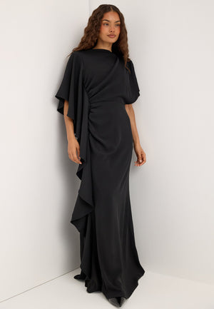 Draped Flounce Gown Black
