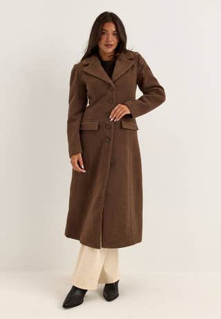 Shaped Wool Blend Coat Brown